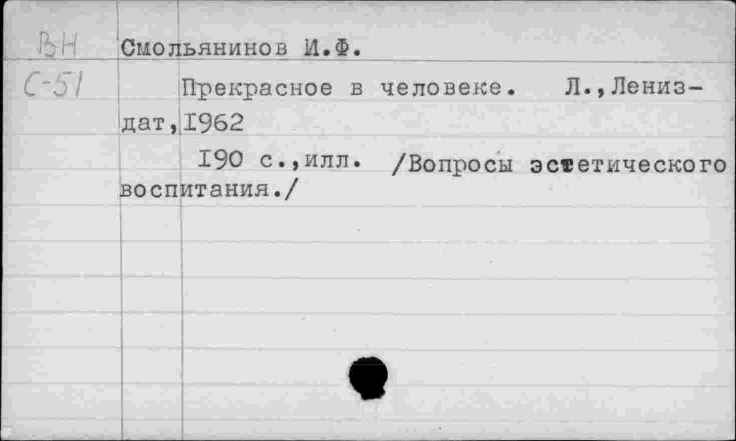 ﻿ЬН Смольянинов И.Ф.
С~Ь1 Прекрасное в человеке. Л.,Лениз-дат,1962
190 с.,илл. /Вопросы эстетического воспитания./